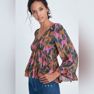 Farm Rio for Anthropologie Jirafas Giraffe Print Peplum Blouse Purple Pink M